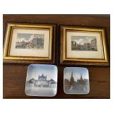 Set of 2 Framed Artwork Prints and 2 Decorative Plates with European Scenery