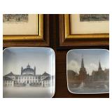 Set of 2 Framed Artwork Prints and 2 Decorative Plates with European Scenery