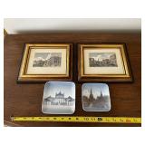 Set of 2 Framed Artwork Prints and 2 Decorative Plates with European Scenery