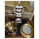 Set of Vintage Decor Items: Urn-Shaped Lamp, Ornate Wall Sconce, and Oval Mirror