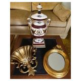 Set of Vintage Decor Items: Urn-Shaped Lamp, Ornate Wall Sconce, and Oval Mirror