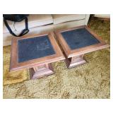 Pair of Vintage Style Wooden Side Tables with Slate Tops