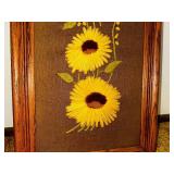 Vintage Embroidered Sunflower Wall Art with Oak Frame