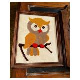 Vintage Owl-Themed Embroidery and Stained Glass Wall Art