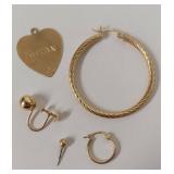 14K Gold Jewelry Assortment Including Hoop Earrings and Heart Pendant