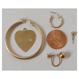 14K Gold Jewelry Assortment Including Hoop Earrings and Heart Pendant