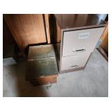 Industrial Metal Shelving Unit and Brown Filing Cabinet