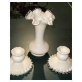 Set of 3 Vintage White Milk Glass Vases with Ruffled Edge