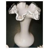 Set of 3 Vintage White Milk Glass Vases with Ruffled Edge