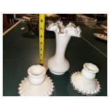 Set of 3 Vintage White Milk Glass Vases with Ruffled Edge