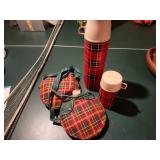 Vintage Set of Red Plaid Thermos and Canteens
