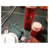 Vintage Set of Red Plaid Thermos and Canteens