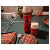 Vintage Set of Red Plaid Thermos and Canteens