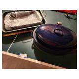 Set of Enamel Blue Casserole Dish and Metal Roasting Pan with Rack
