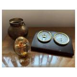 Brass Vase, Barometer Thermometer Set, and Decorative Floral Globe