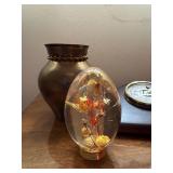 Brass Vase, Barometer Thermometer Set, and Decorative Floral Globe