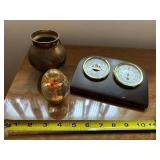 Brass Vase, Barometer Thermometer Set, and Decorative Floral Globe