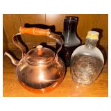 Set of 3 Vintage Copper Teapot and Glass Bottles