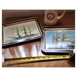 Set of 2 Nautical Ship Art Trays and US Navy Ceramic Mug