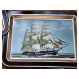 Set of 2 Nautical Ship Art Trays and US Navy Ceramic Mug