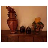 Set of 3 Decorative Items with Basket Vase, Candle Holder, and Jars