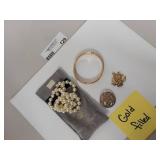 Gold-Filled Bracelet Set with Knotted Faux Pearl Necklace and Brooch