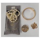 Gold-Filled Bracelet Set with Knotted Faux Pearl Necklace and Brooch