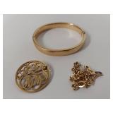 Gold-Filled Bracelet Set with Knotted Faux Pearl Necklace and Brooch