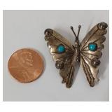 Vintage Sterling Silver Butterfly Brooch with Turquoise Accents