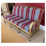 Vintage Bamboo Sofa with Red and Blue Striped Cushions