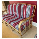Vintage Bamboo Sofa with Red and Blue Striped Cushions