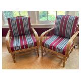 Pair of Bamboo Armchairs with Striped Cushions