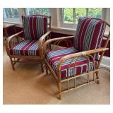 Pair of Bamboo Armchairs with Striped Cushions