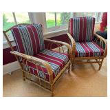 Pair of Bamboo Armchairs with Striped Cushions