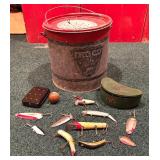 Vintage Falls City Minnow Bucket, Lures and More