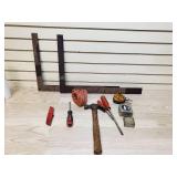 Hand tools, 1 metal squares, tape measure, claw hammer, Air power palm nailer, screw drivers, utility knife