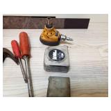 Hand tools, 1 metal squares, tape measure, claw hammer, Air power palm nailer, screw drivers, utility knife