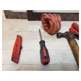 Hand tools, 1 metal squares, tape measure, claw hammer, Air power palm nailer, screw drivers, utility knife