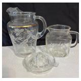 Two Vintage Glass Juice Pitchers and Juicer