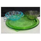 Vintage Jeanette Green Sunflower Footed Cake Plate, Anchor Hocking Soreno Avacado Green Glass Bowl and Anchor Hocking Fairfield Aqua Blue Dish