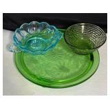 Vintage Jeanette Green Sunflower Footed Cake Plate, Anchor Hocking Soreno Avacado Green Glass Bowl and Anchor Hocking Fairfield Aqua Blue Dish