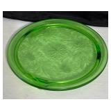 Vintage Jeanette Green Sunflower Footed Cake Plate, Anchor Hocking Soreno Avacado Green Glass Bowl and Anchor Hocking Fairfield Aqua Blue Dish