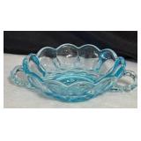 Vintage Jeanette Green Sunflower Footed Cake Plate, Anchor Hocking Soreno Avacado Green Glass Bowl and Anchor Hocking Fairfield Aqua Blue Dish