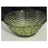 Vintage Jeanette Green Sunflower Footed Cake Plate, Anchor Hocking Soreno Avacado Green Glass Bowl and Anchor Hocking Fairfield Aqua Blue Dish