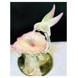 Set of 2 Glass Baron Hummingbird and Flower Sculptures