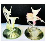 Set of 2 Glass Baron Hummingbird and Flower Sculptures