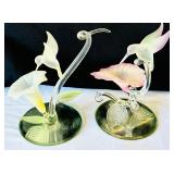 Set of 2 Glass Baron Hummingbird and Flower Sculptures