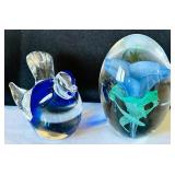Artisan Glass Paperweight Set with Blue Floral Designs & Art Glass Bird Figurine