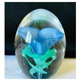 Artisan Glass Paperweight Set with Blue Floral Designs & Art Glass Bird Figurine