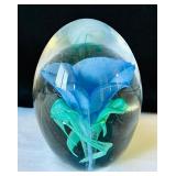 Artisan Glass Paperweight Set with Blue Floral Designs & Art Glass Bird Figurine
